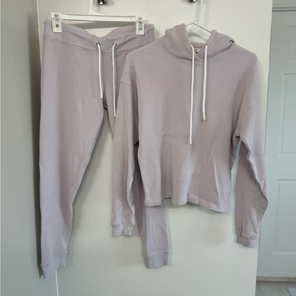 Leallo Womens Cotton Drawstring Waffle-Knit Hoodie Jogger Set Purple Size S
